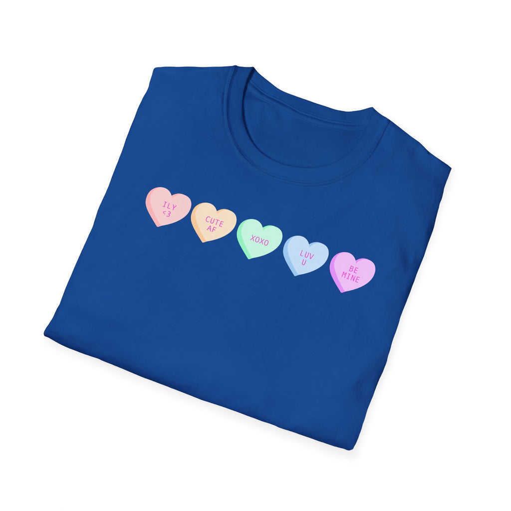 Conversation Heart Candy T-Shirt — Pastel ‘Be Mine, Cute AF, XOXO, Luv U’ Graphic