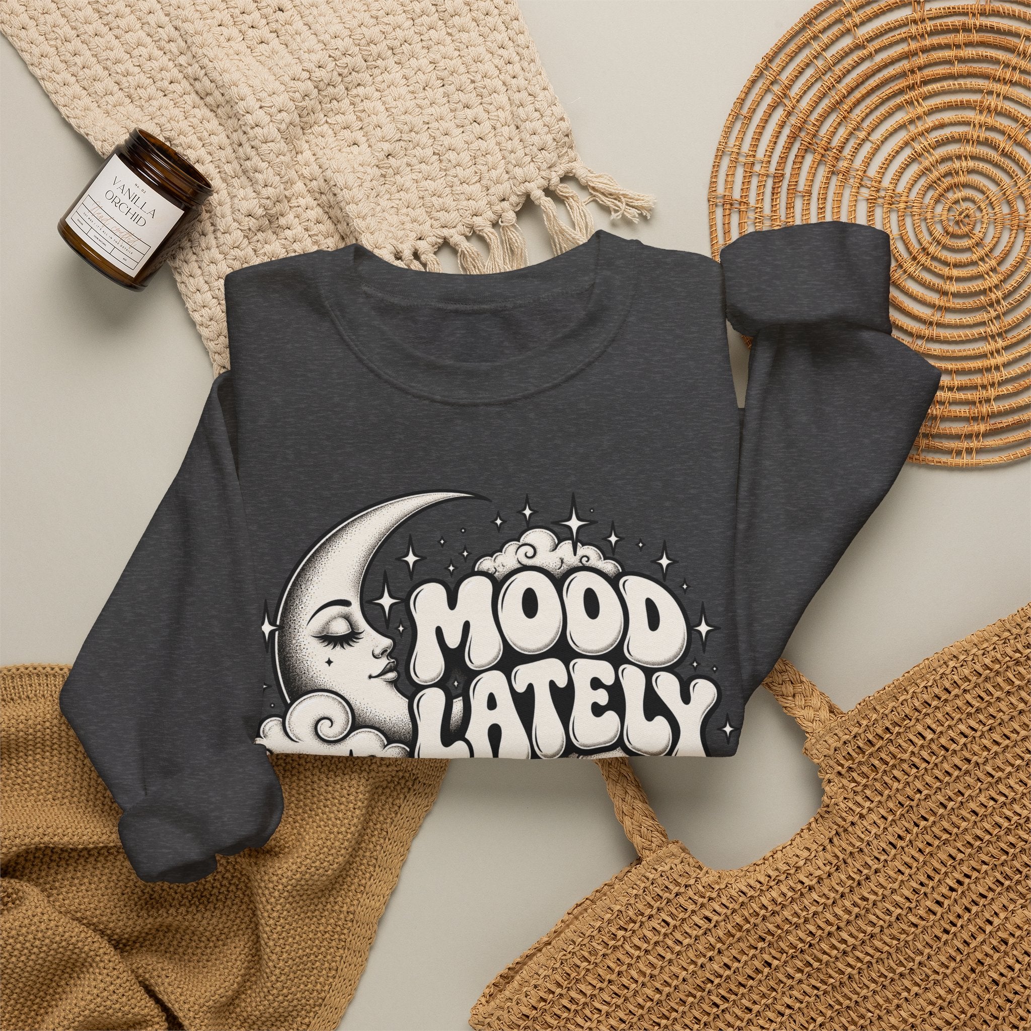 Mood Lately Crewneck Sweatshirt — Retro Moon & Cloud Graphic