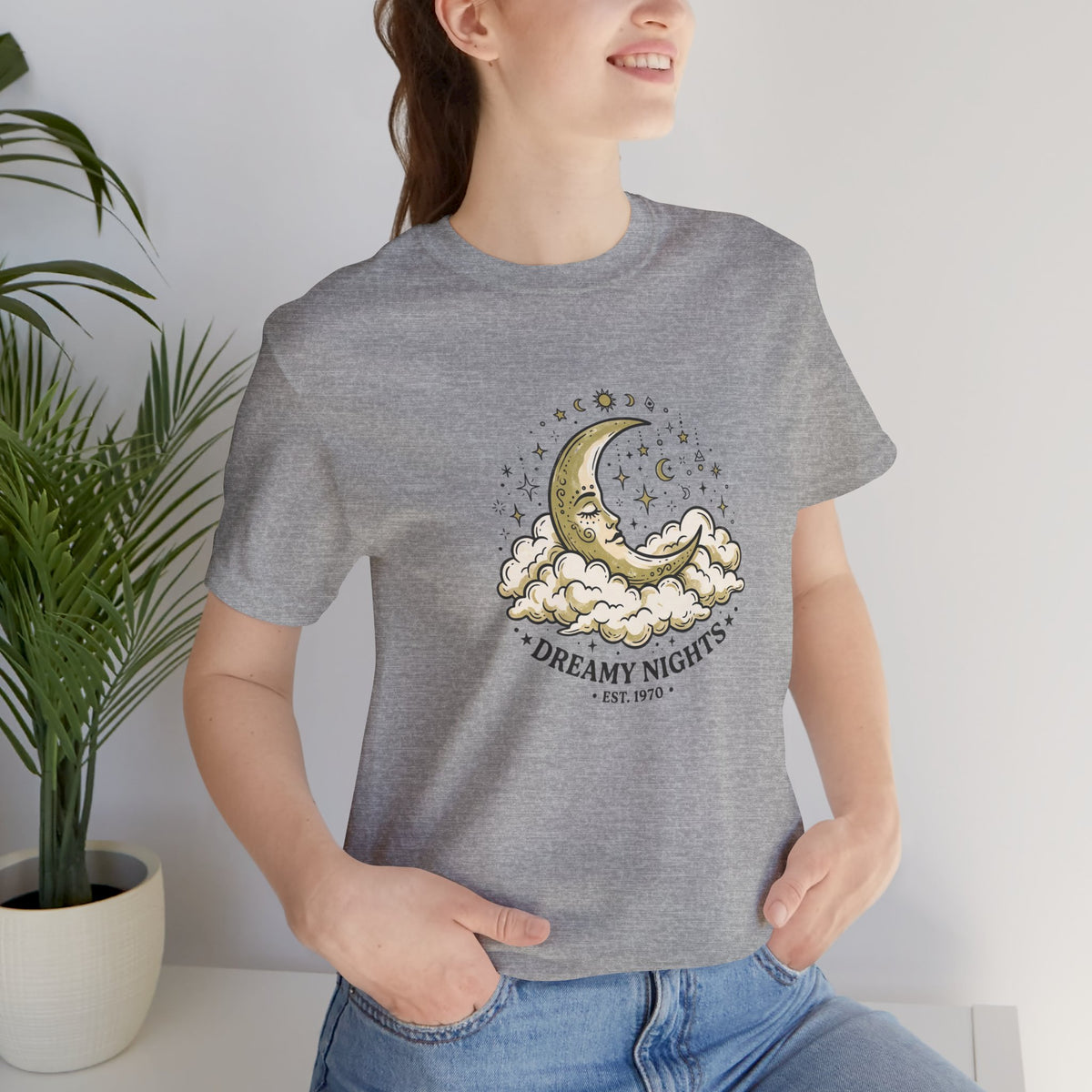 Dreamy Nights Moon Tee — Vintage Crescent Moon & Clouds Shirt