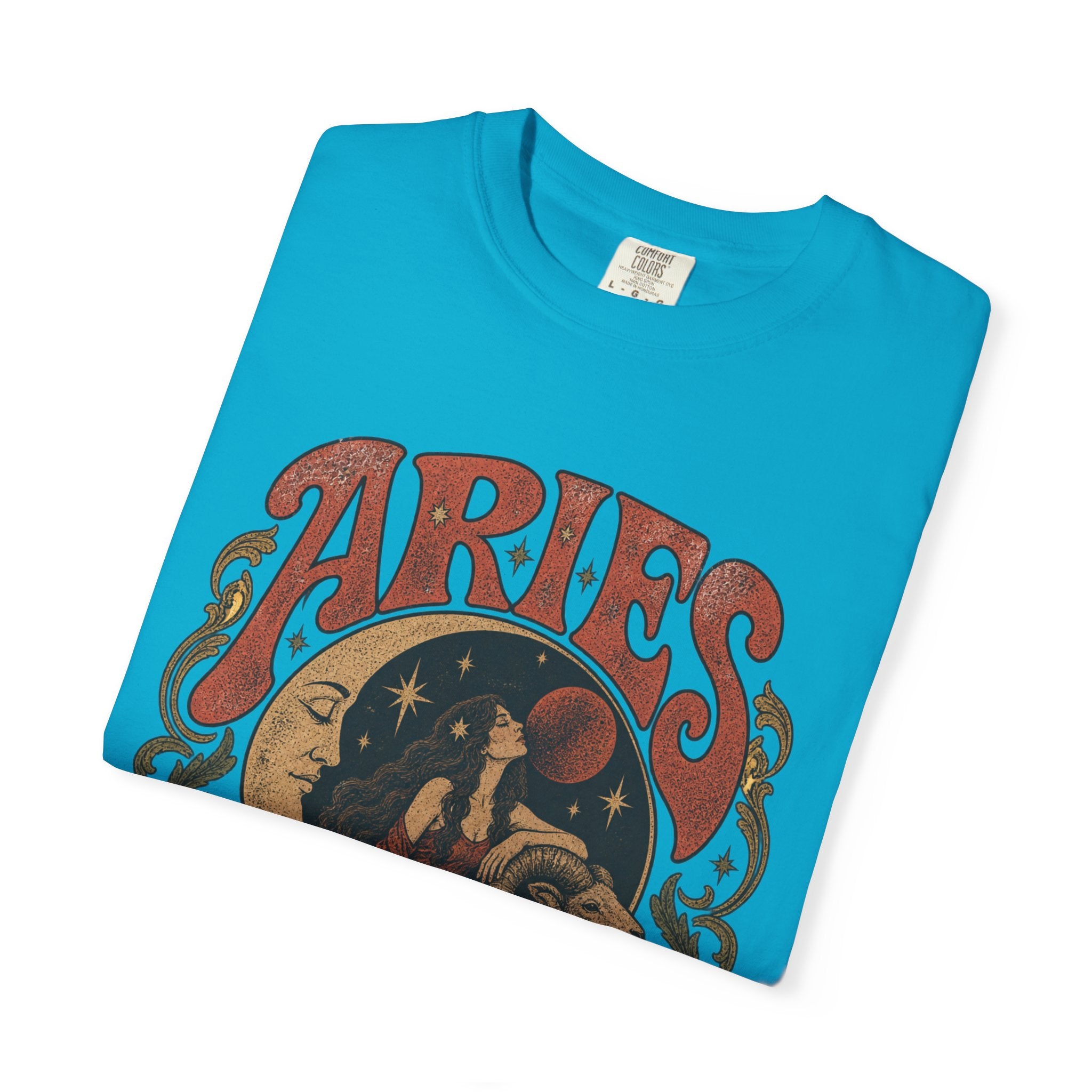 Aries Zodiac T‑Shirt — Vintage Moon & Ram Astrology Tee