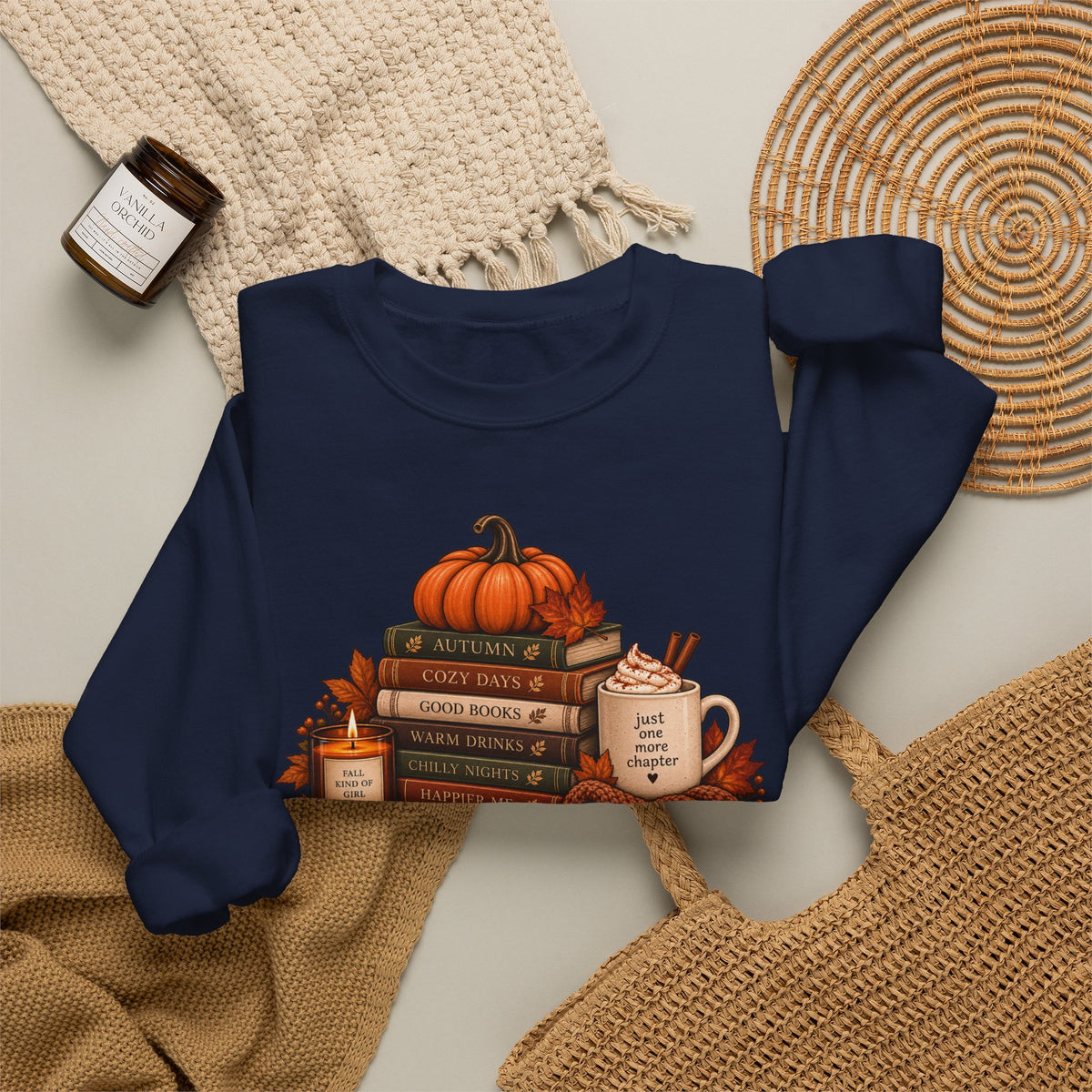 Fall Bookstack Crewneck Sweatshirt — Cozy Pumpkin Reading Vibes