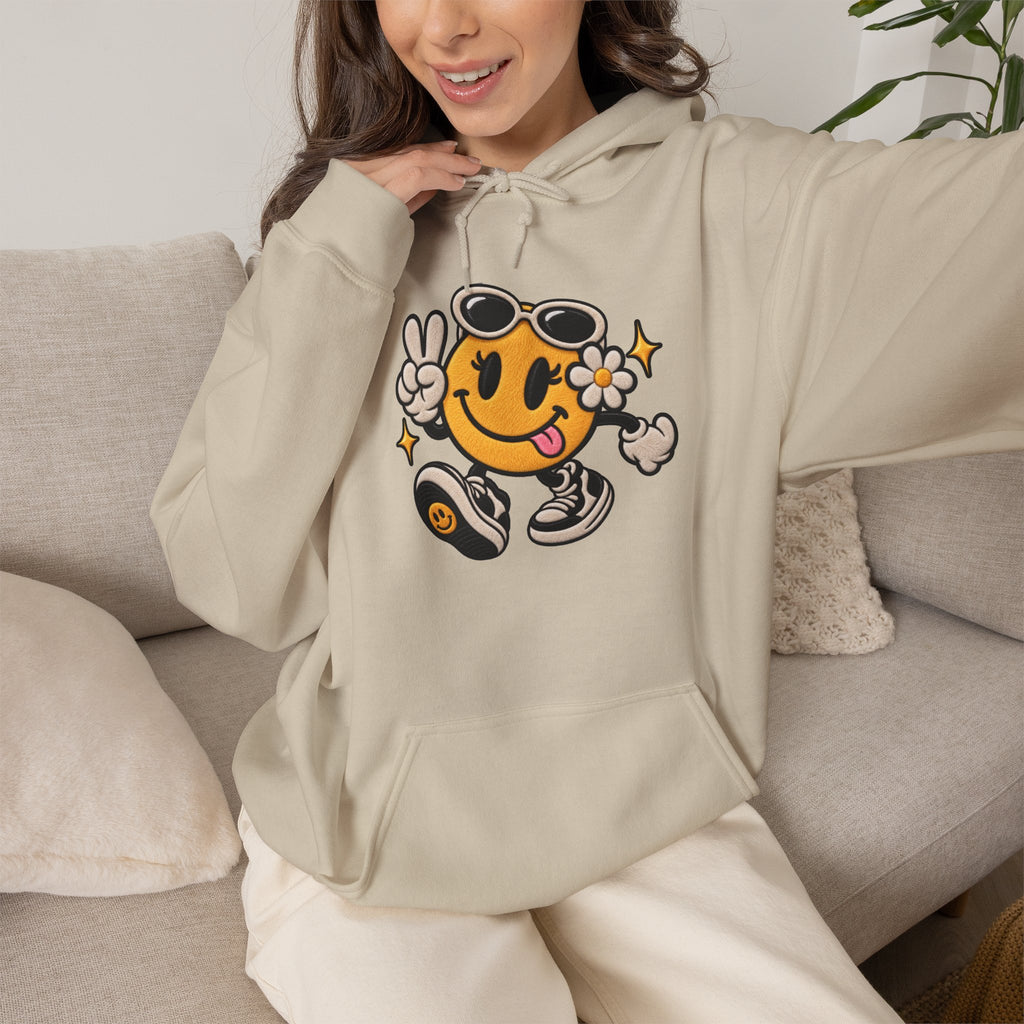 Smiley Peace Vibes Hoodie – Retro Dancing Smiley with Sunglasses