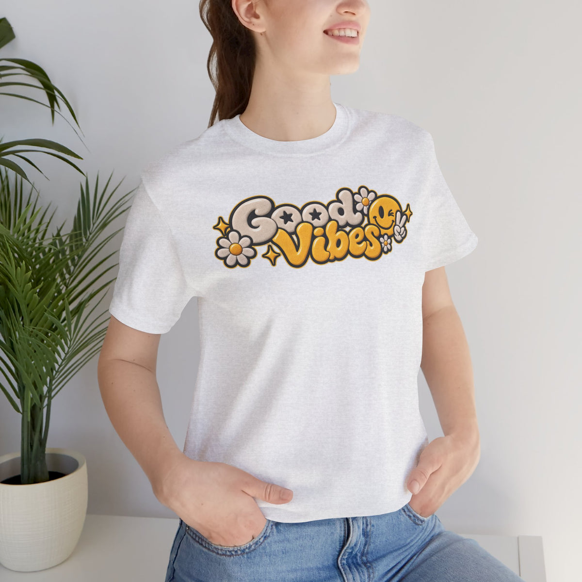 Good Vibes Retro Tee — Smiley Flower Graphic T-Shirt