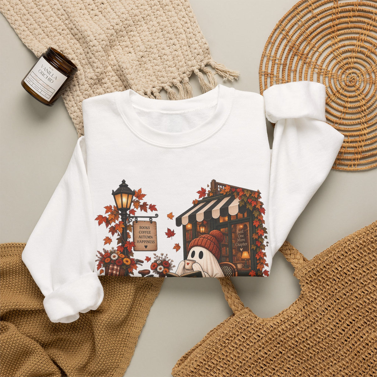 Autumn Ghost Café Sweatshirt — Cozy Fall Pumpkin Patch Crewneck