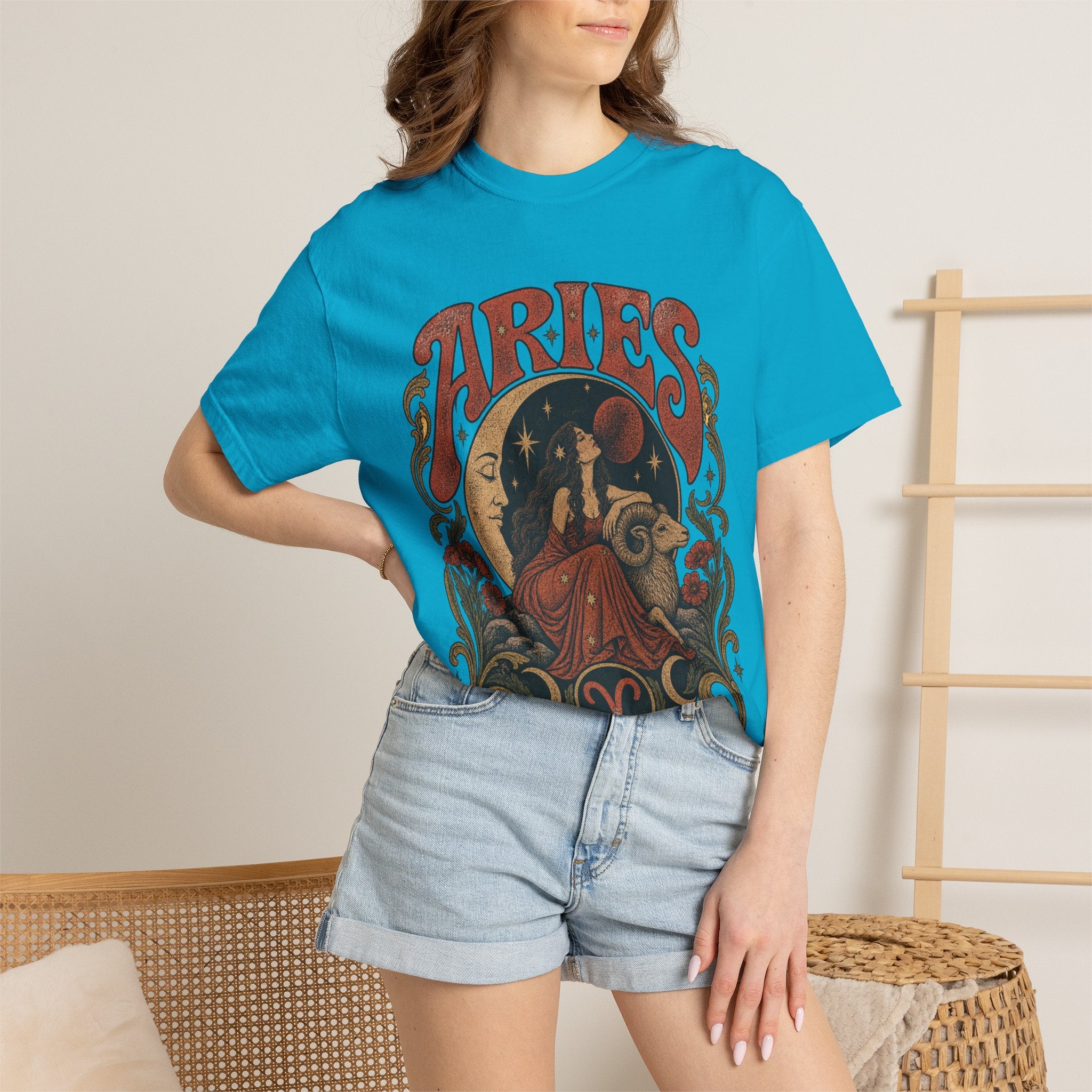 Aries Zodiac T‑Shirt — Vintage Moon & Ram Astrology Tee