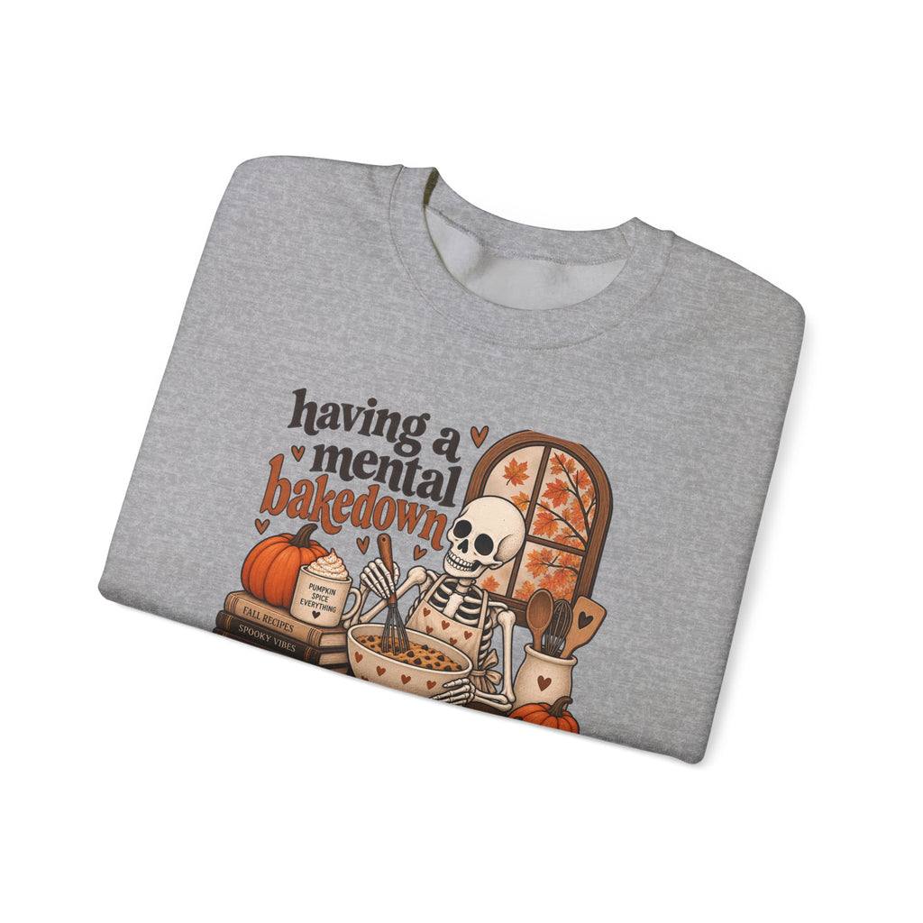 Fall Baking Skeleton Sweatshirt – “Having a Mental Bakedown” Cozy Halloween Crewneck