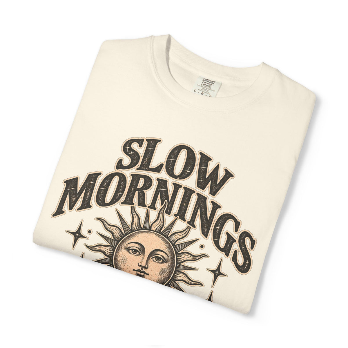 Slow Mornings Tee — Retro Sunrise Garment-Dyed Graphic T-Shirt