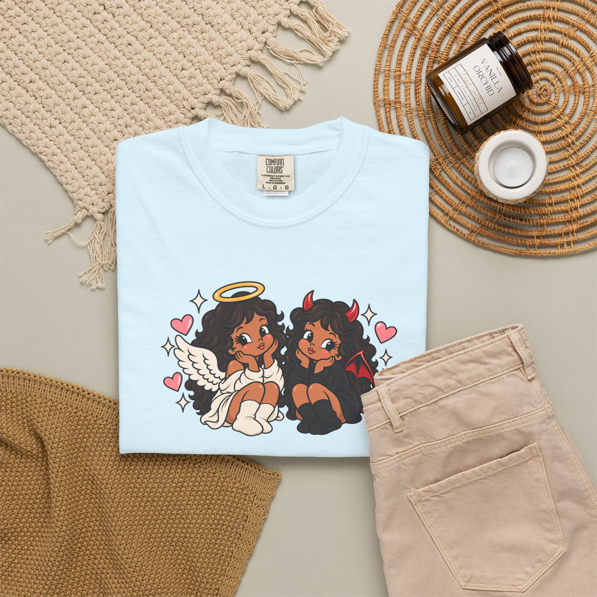 Angel and Devil Cute Graphic Tee — Kawaii Couple Illustration T-Shirt