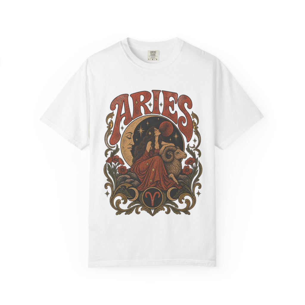 Aries Zodiac T‑Shirt — Vintage Moon & Ram Astrology Tee