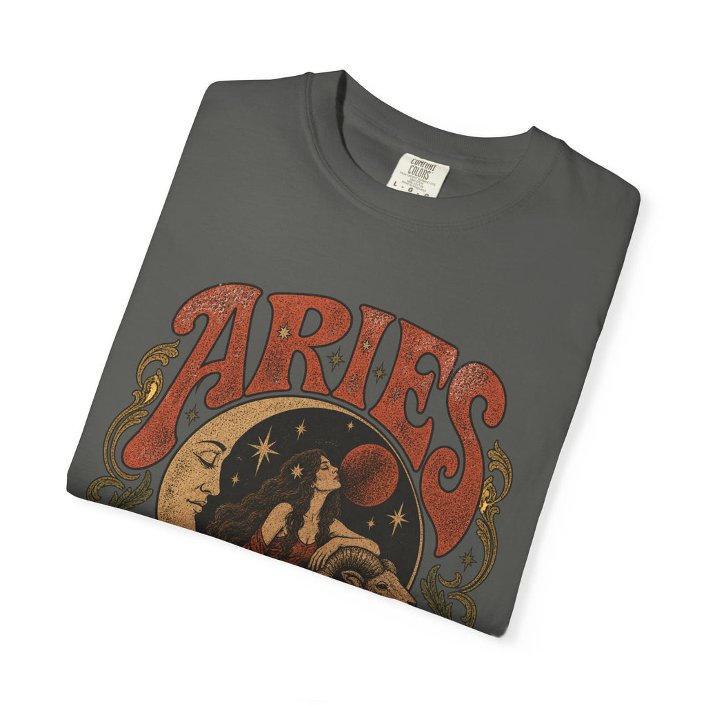 Aries Zodiac T‑Shirt — Vintage Moon & Ram Astrology Tee