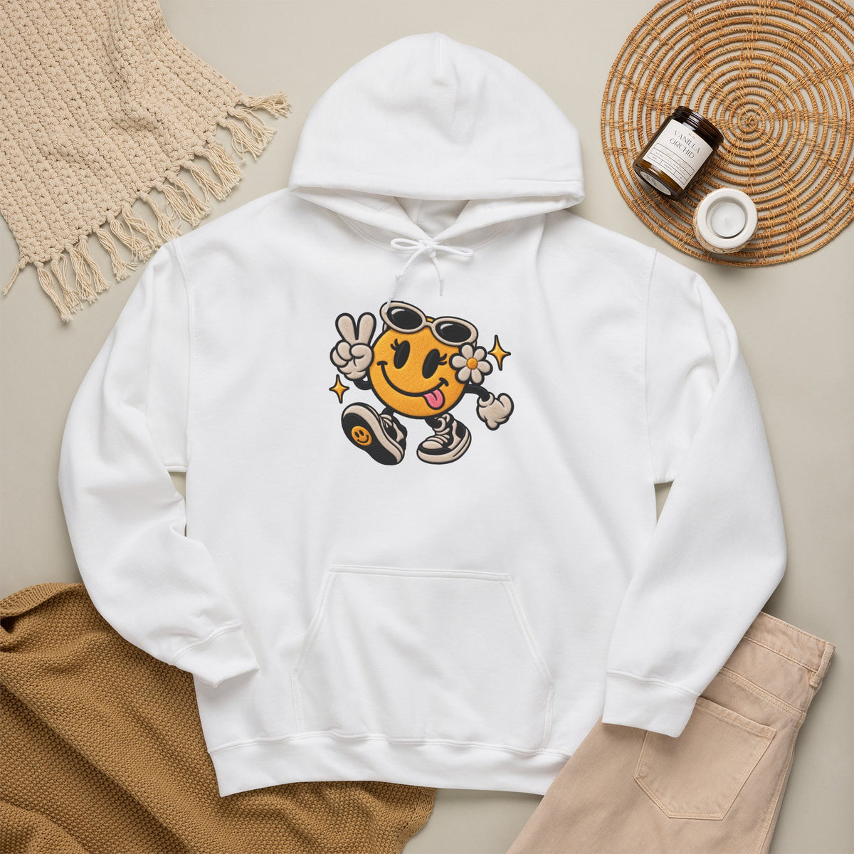 Smiley Peace Vibes Hoodie – Retro Dancing Smiley with Sunglasses