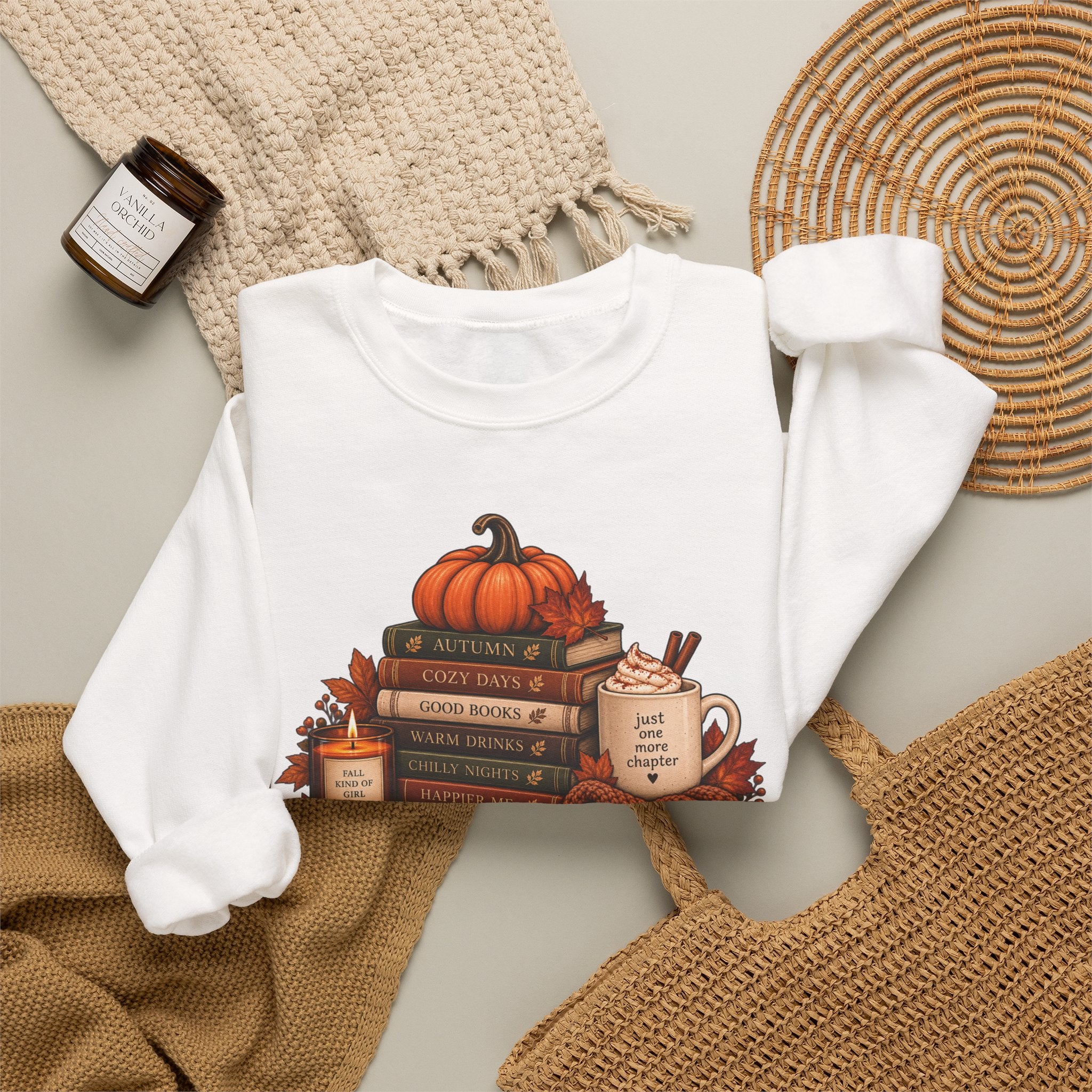 Fall Bookstack Crewneck Sweatshirt — Cozy Pumpkin Reading Vibes