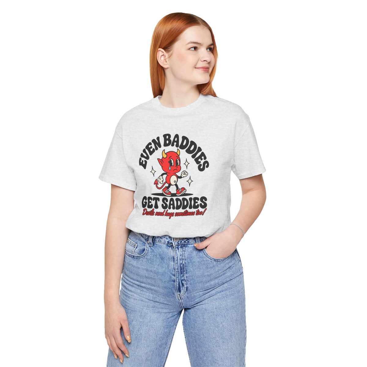 Graphic Tee — "Even Baddies Get Saddles" Cute Devil Skate T-Shirt