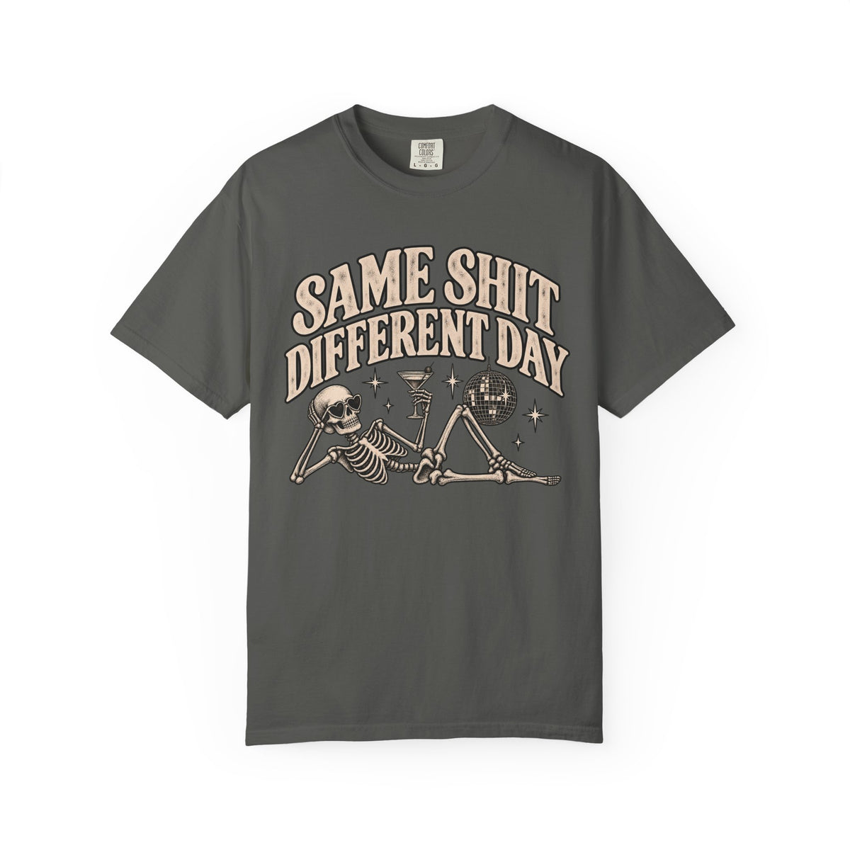 Same Shit Different Day Tee — Retro Skeleton Disco Graphic T-Shirt