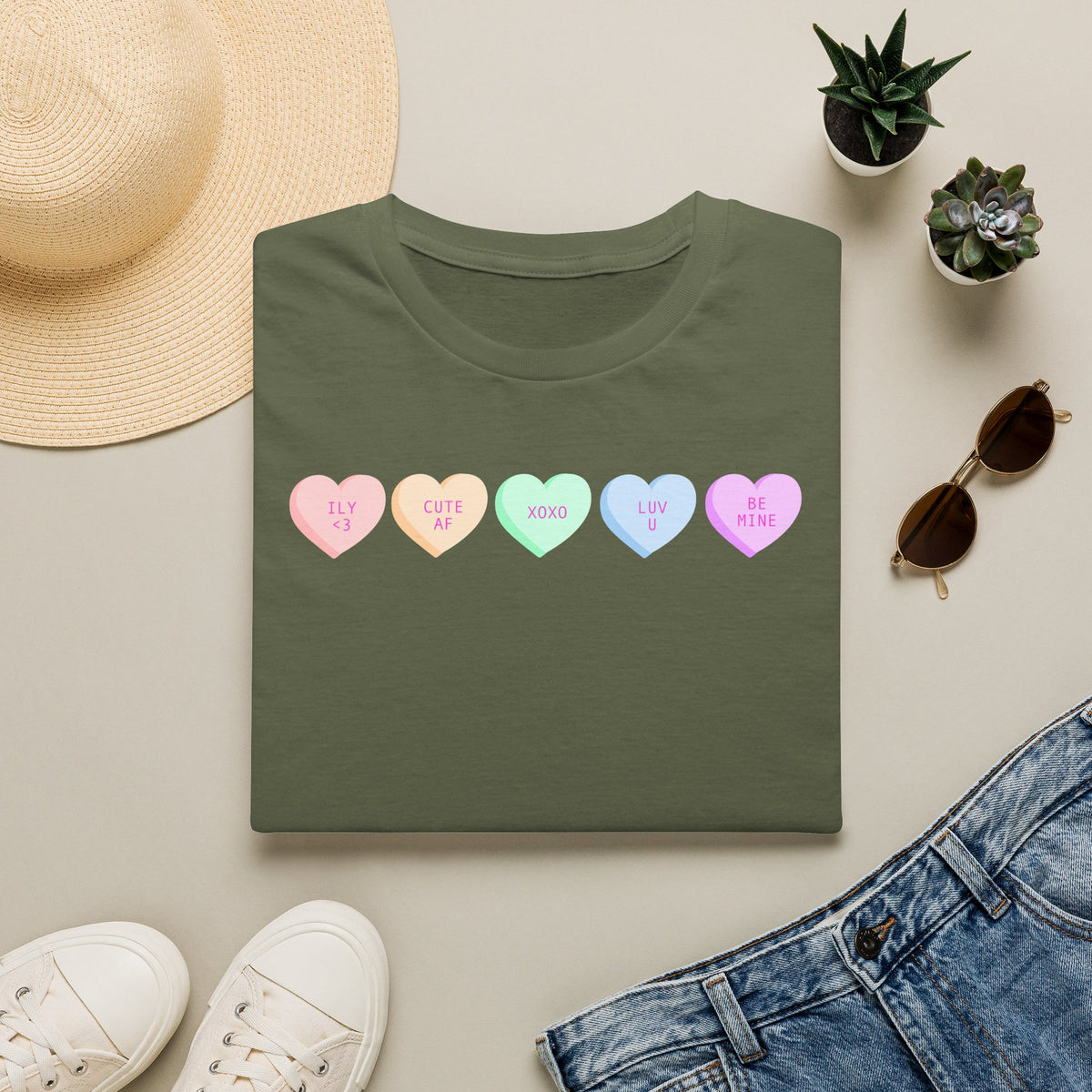Conversation Heart Candy T-Shirt — Pastel ‘Be Mine, Cute AF, XOXO, Luv U’ Graphic