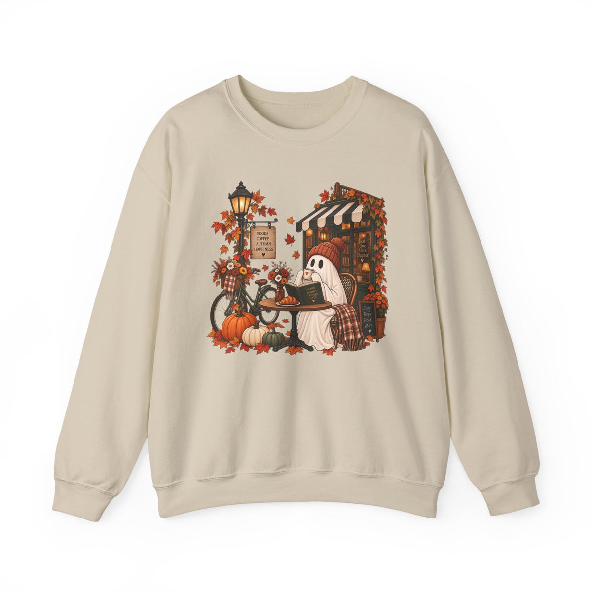 Autumn Ghost Café Sweatshirt — Cozy Fall Pumpkin Patch Crewneck