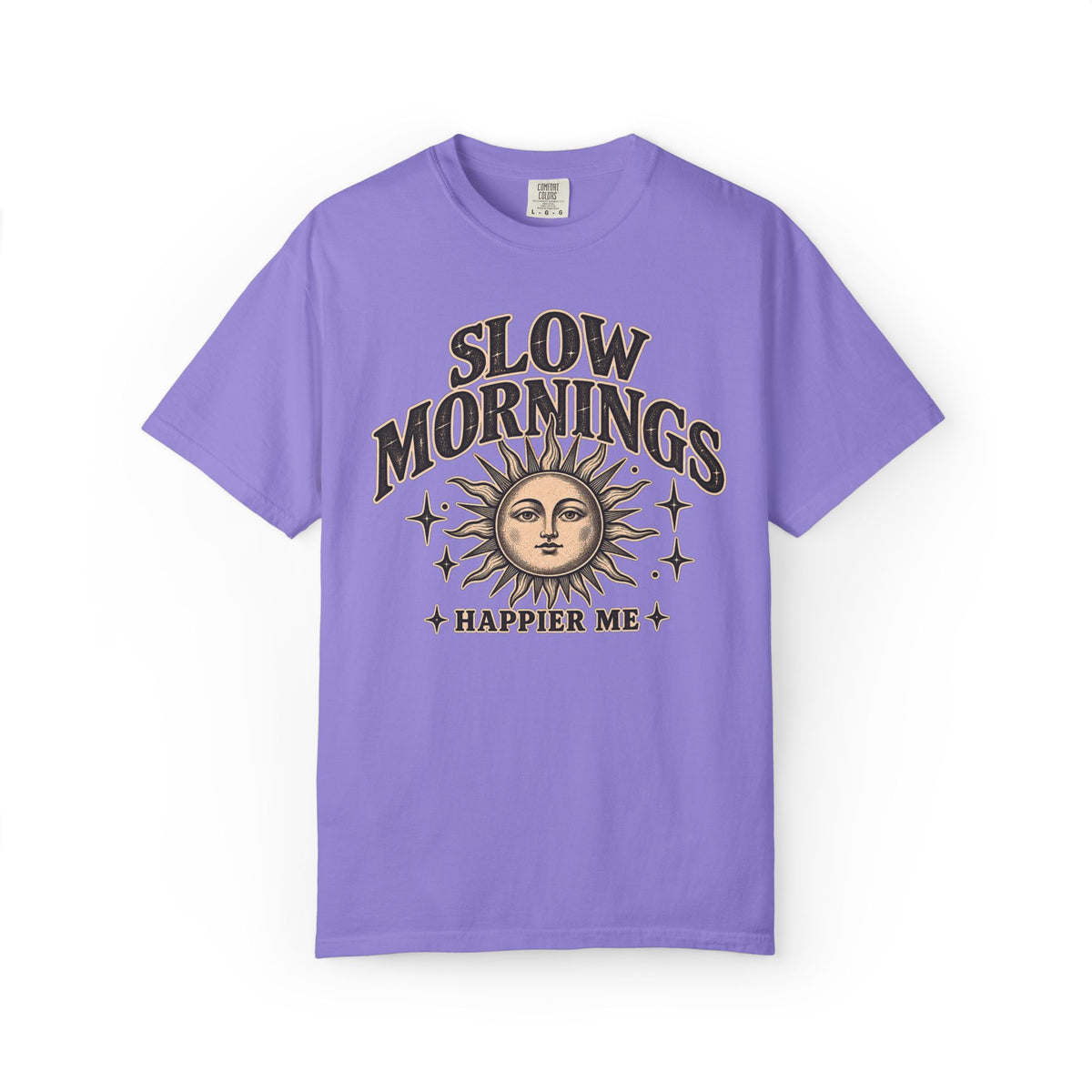 Slow Mornings Tee — Retro Sunrise Garment-Dyed Graphic T-Shirt