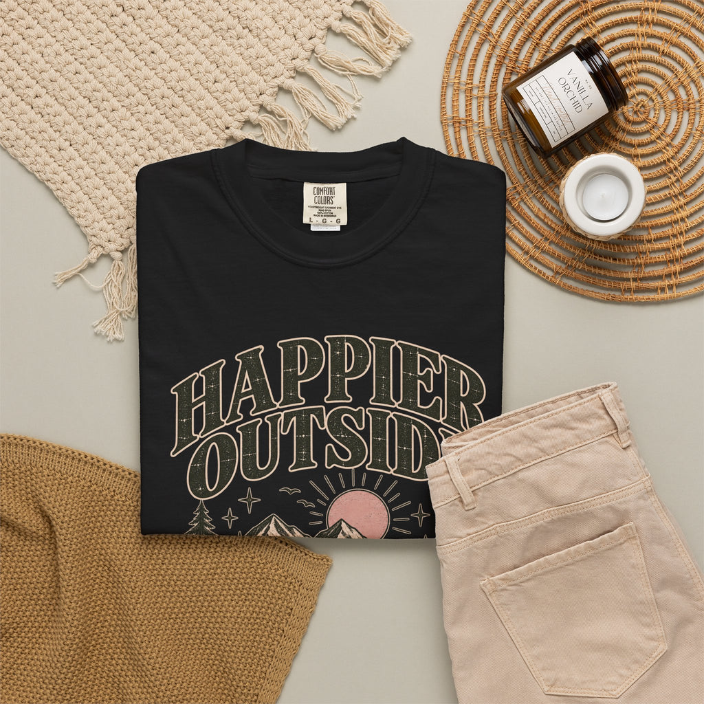 Happier Outside Tee — Nature Lover Graphic Garment-Dyed T-Shirt