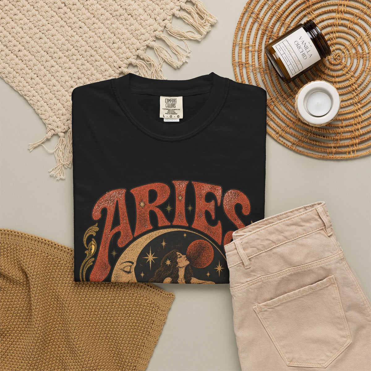 Aries Zodiac T‑Shirt — Vintage Moon & Ram Astrology Tee