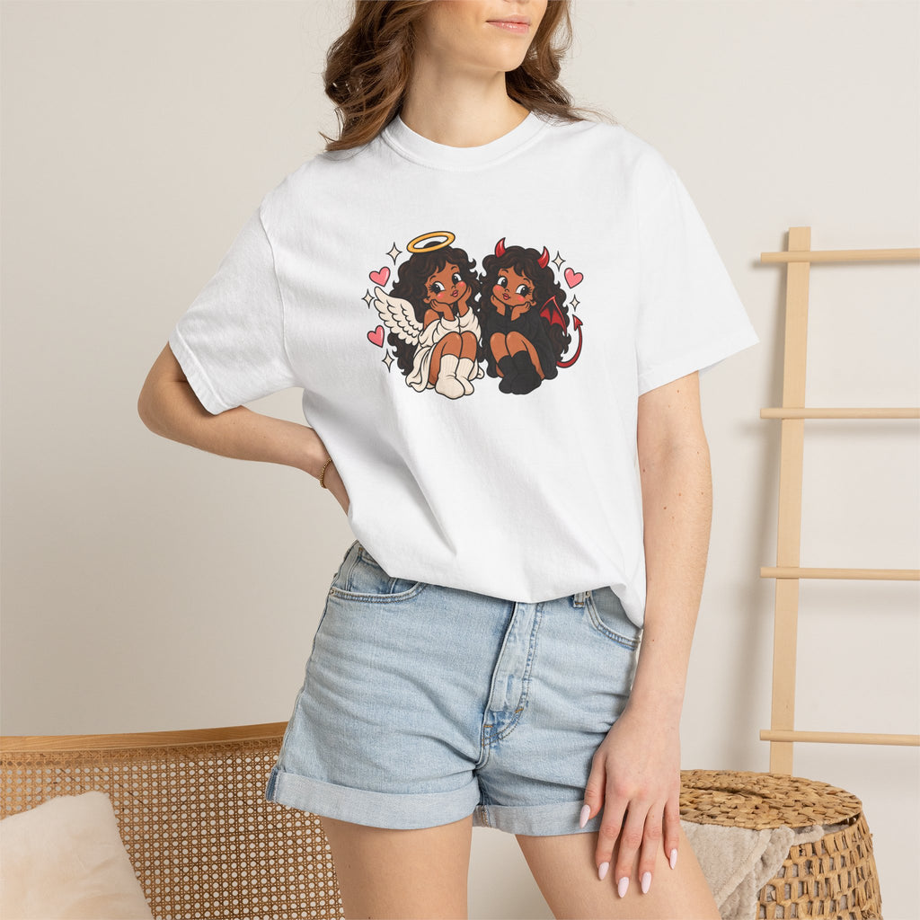 Angel and Devil Cute Graphic Tee — Kawaii Couple Illustration T-Shirt