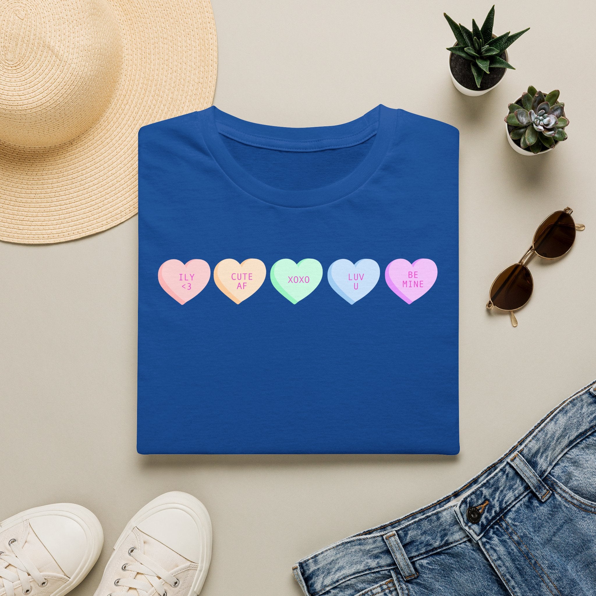 Conversation Heart Candy T-Shirt — Pastel ‘Be Mine, Cute AF, XOXO, Luv U’ Graphic