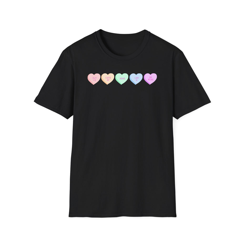 Conversation Heart Candy T-Shirt — Pastel ‘Be Mine, Cute AF, XOXO, Luv U’ Graphic
