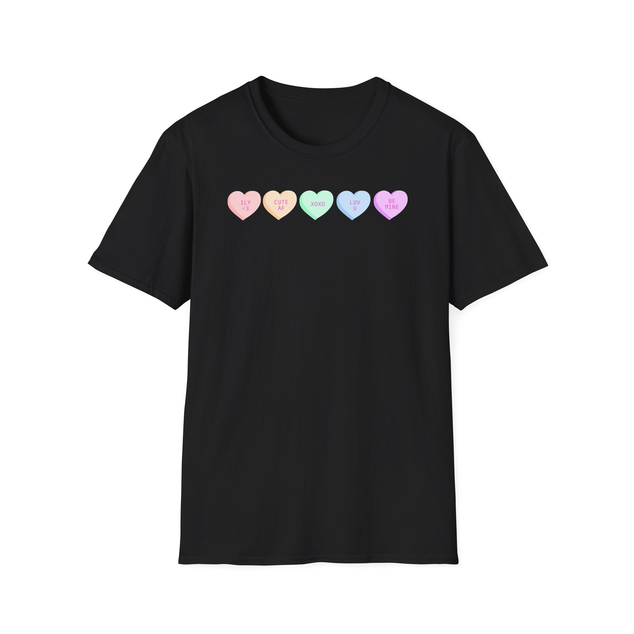 Conversation Heart Candy T-Shirt — Pastel ‘Be Mine, Cute AF, XOXO, Luv U’ Graphic
