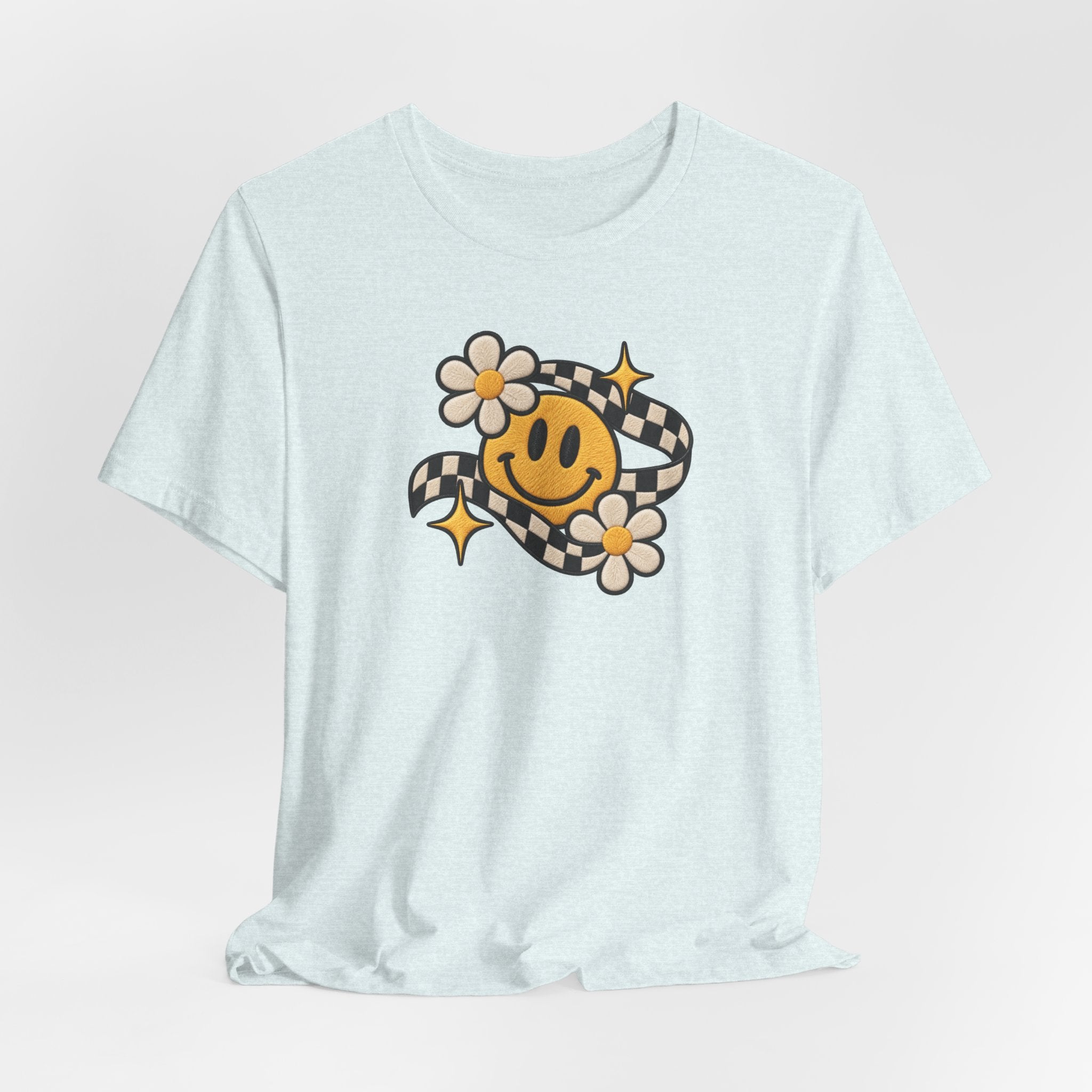 Smiley Flower Checkerboard Tee — Retro Happy Face Graphic T-Shirt