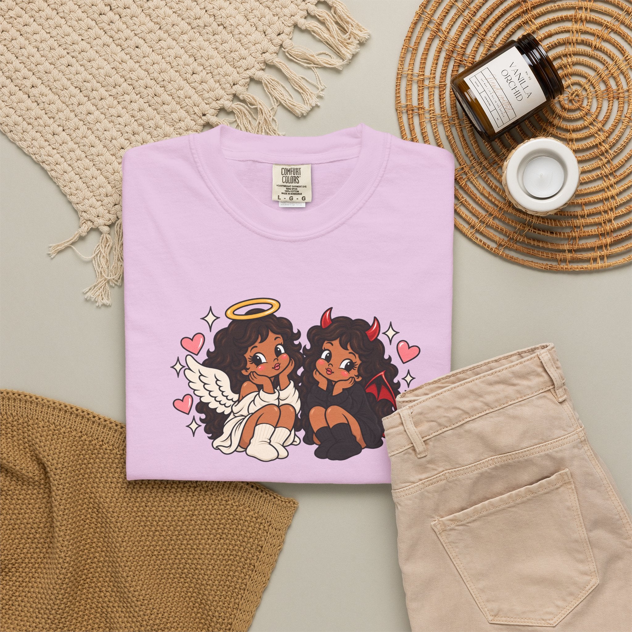 Angel and Devil Cute Graphic Tee — Kawaii Couple Illustration T-Shirt