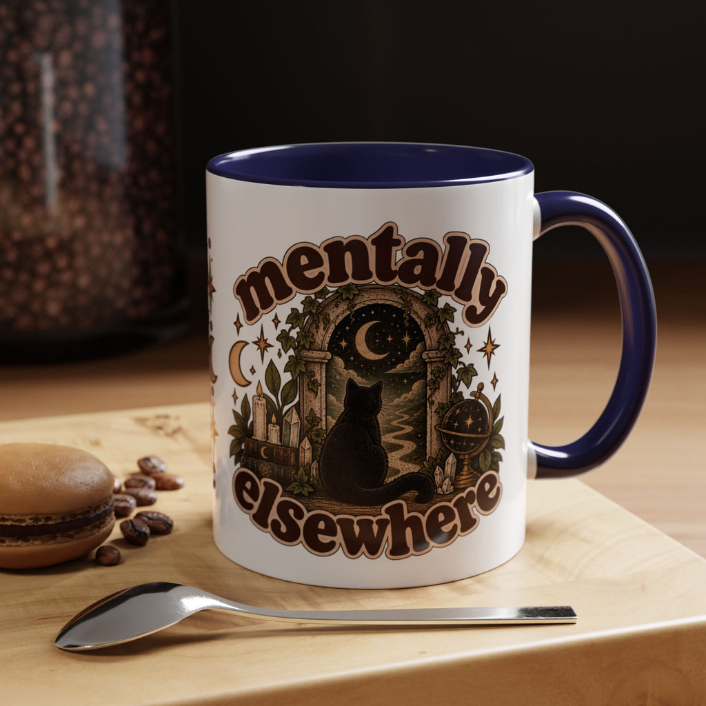 Mentally Elsewhere Mug — Black Cat Celestial Ceramic Coffee Mug