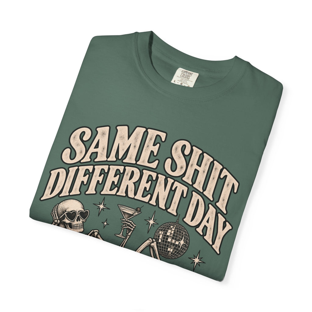 Same Shit Different Day Tee — Retro Skeleton Disco Graphic T-Shirt