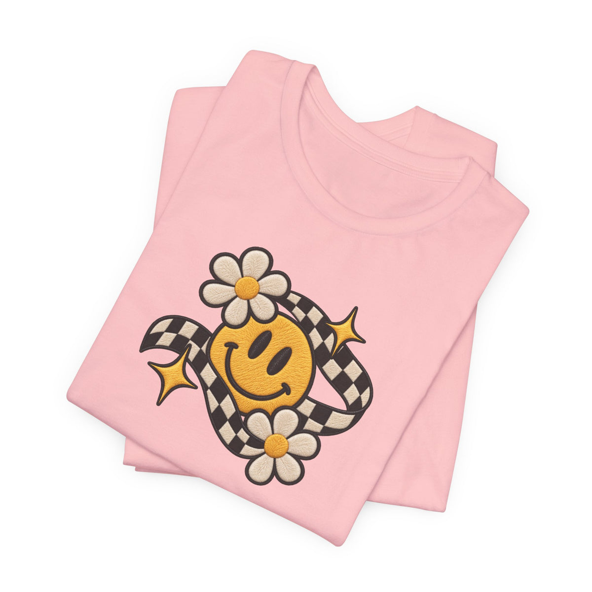 Smiley Flower Checkerboard Tee — Retro Happy Face Graphic T-Shirt