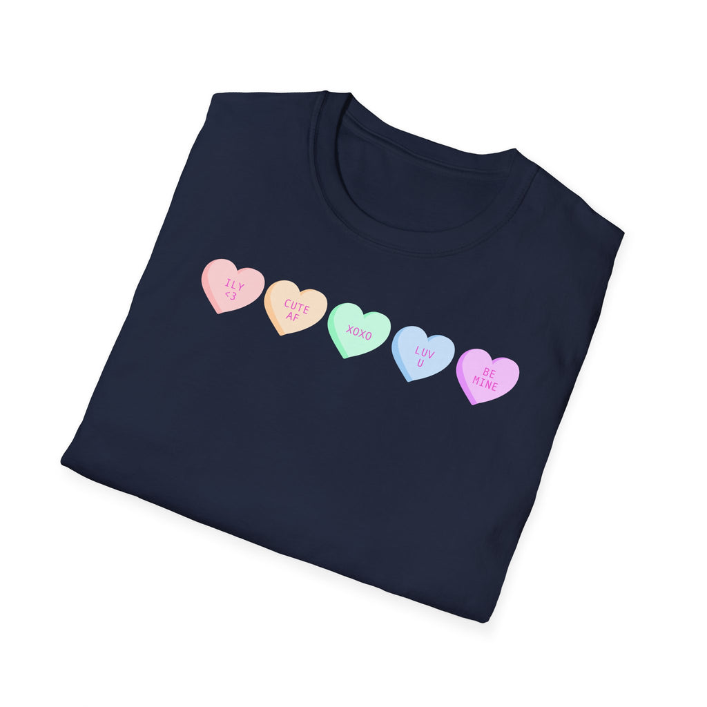 Conversation Heart Candy T-Shirt — Pastel ‘Be Mine, Cute AF, XOXO, Luv U’ Graphic