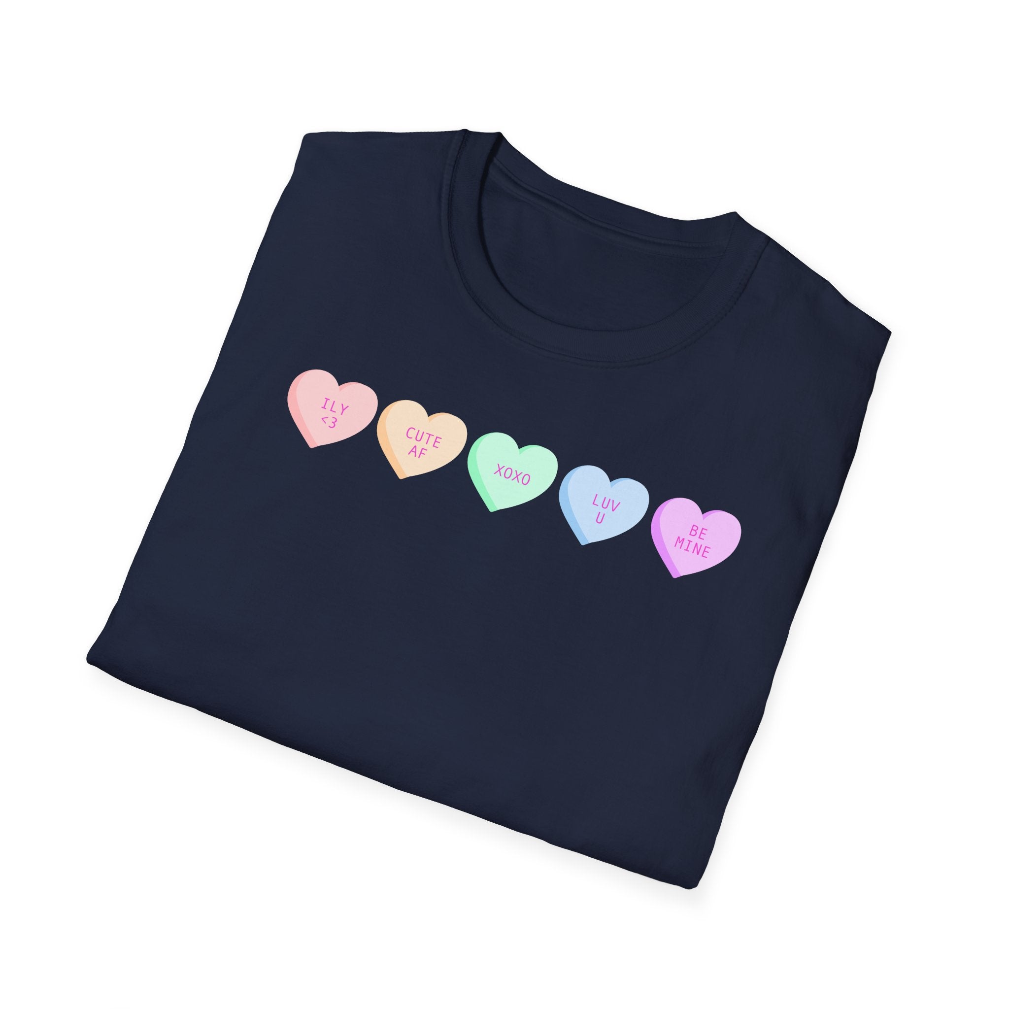 Conversation Heart Candy T-Shirt — Pastel ‘Be Mine, Cute AF, XOXO, Luv U’ Graphic