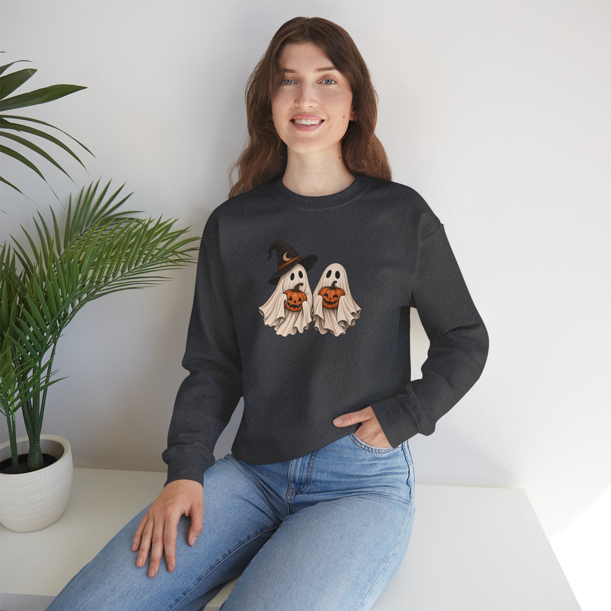 Halloween Ghosts Crewneck Sweatshirt — Cute Witch & Ghost Trick-or-Treat Design