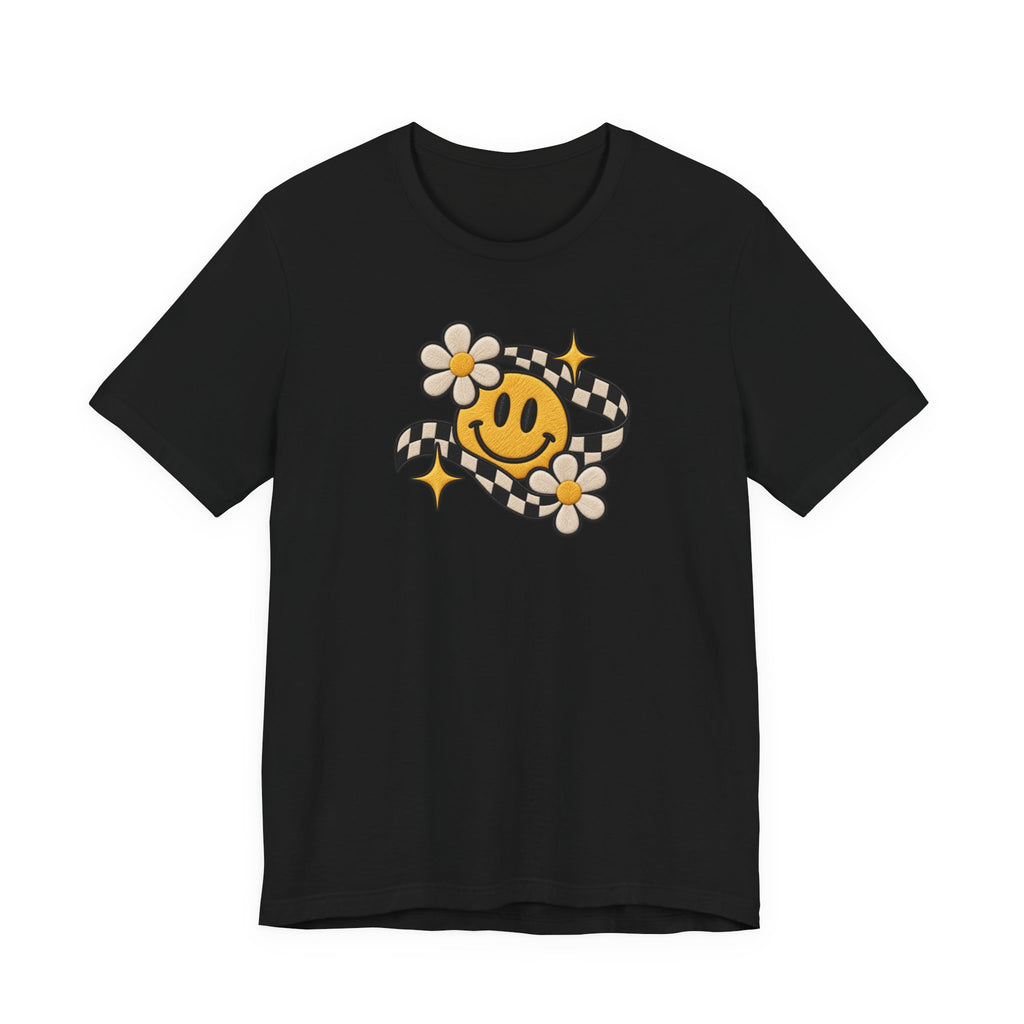 Smiley Flower Checkerboard Tee — Retro Happy Face Graphic T-Shirt