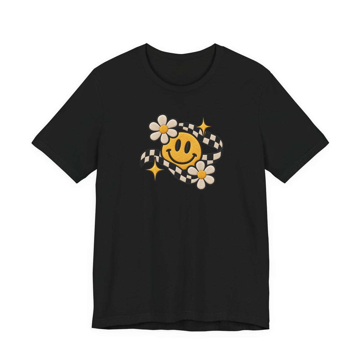 Smiley Flower Checkerboard Tee — Retro Happy Face Graphic T-Shirt