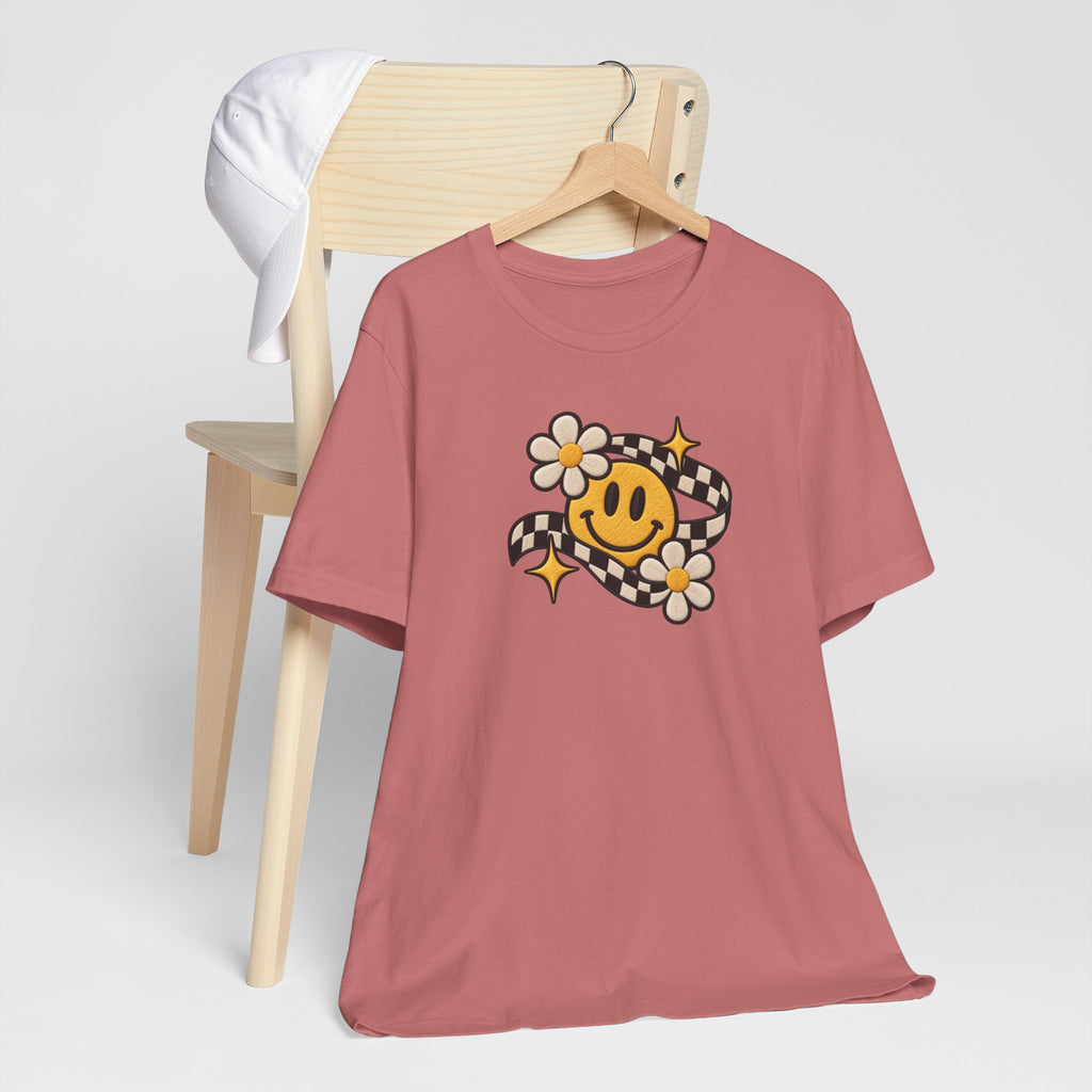 Smiley Flower Checkerboard Tee — Retro Happy Face Graphic T-Shirt