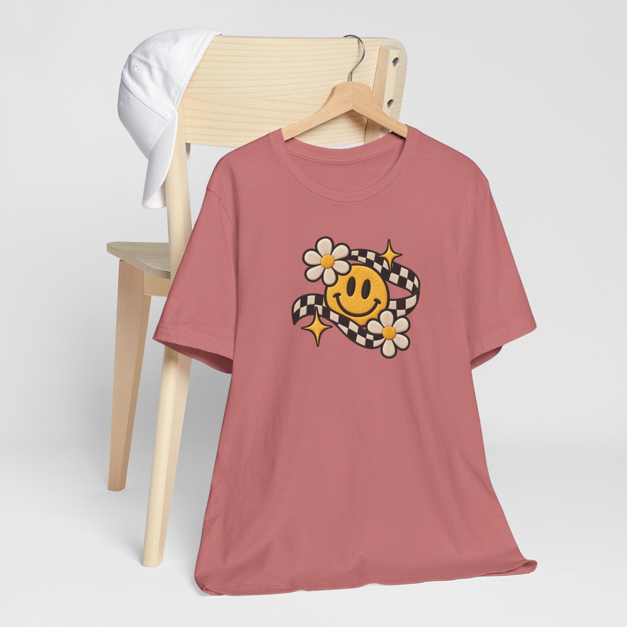 Smiley Flower Checkerboard Tee — Retro Happy Face Graphic T-Shirt