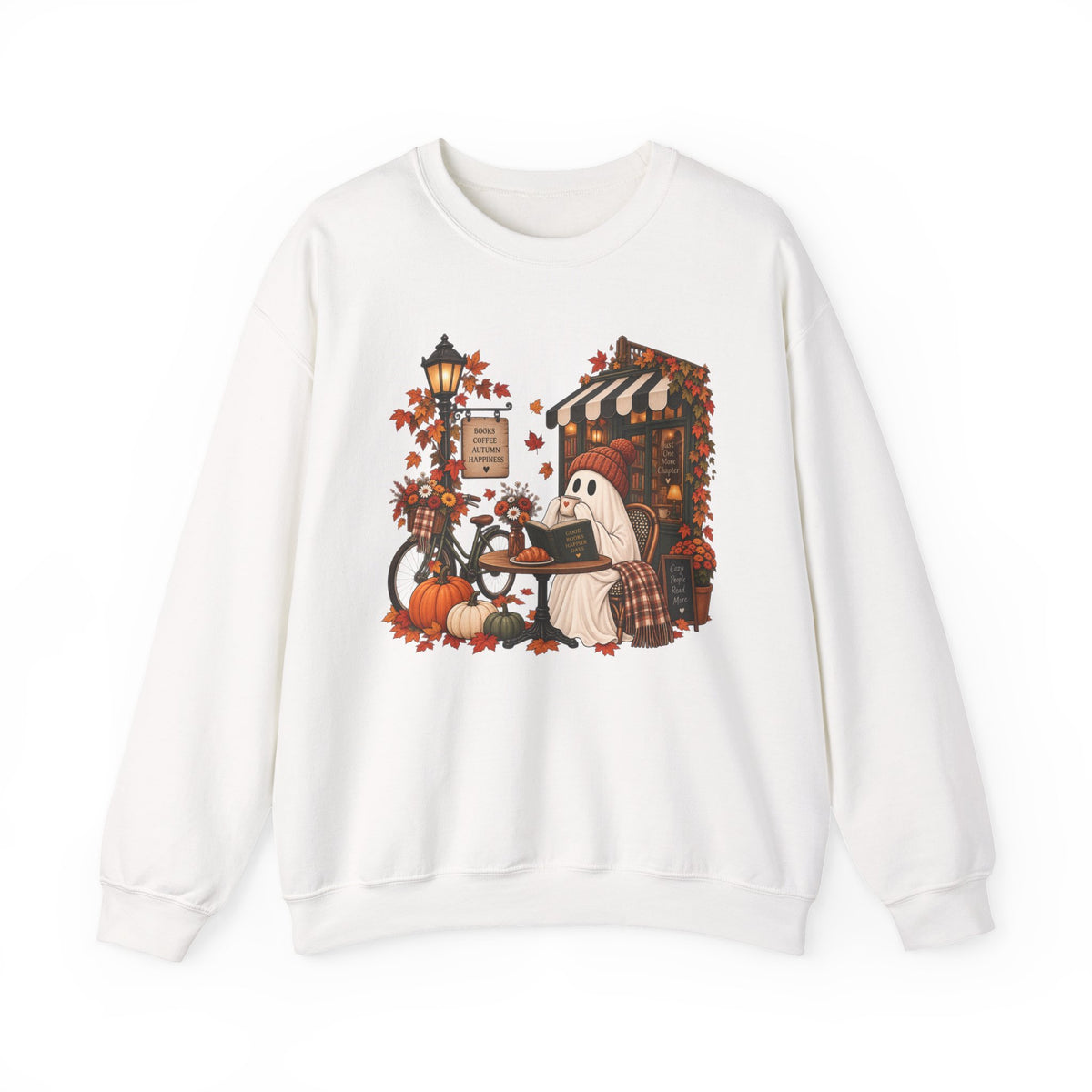 Autumn Ghost Café Sweatshirt — Cozy Fall Pumpkin Patch Crewneck