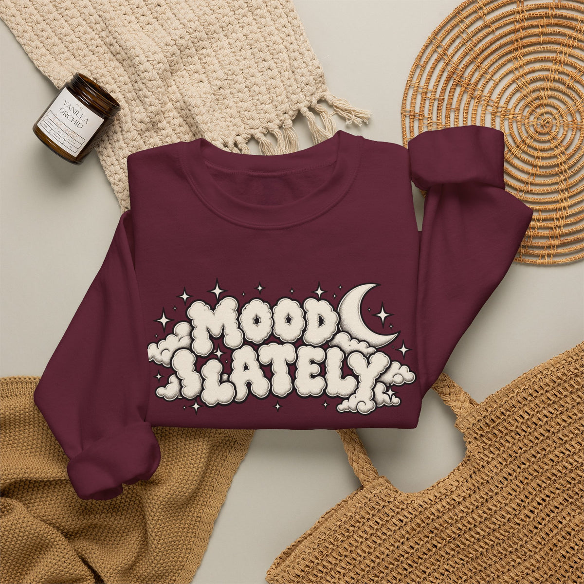 Mood Lately Crewneck Sweatshirt — Retro Cloud Lettering Graphic Pullover