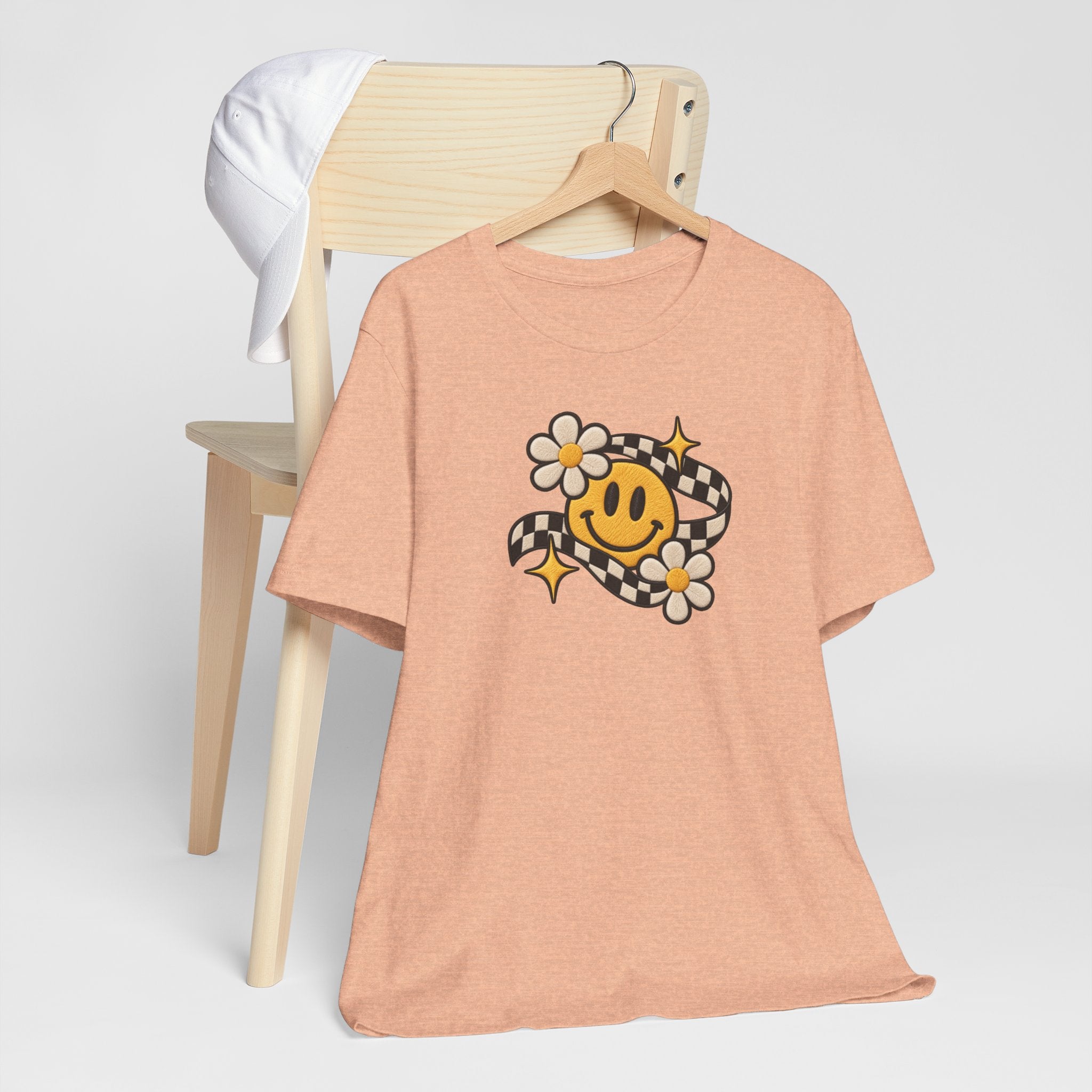 Smiley Flower Checkerboard Tee — Retro Happy Face Graphic T-Shirt