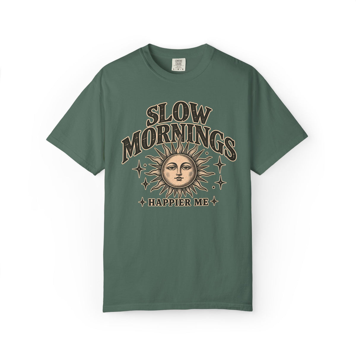 Slow Mornings Tee — Retro Sunrise Garment-Dyed Graphic T-Shirt