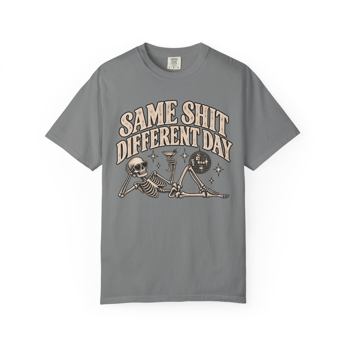 Same Shit Different Day Tee — Retro Skeleton Disco Graphic T-Shirt