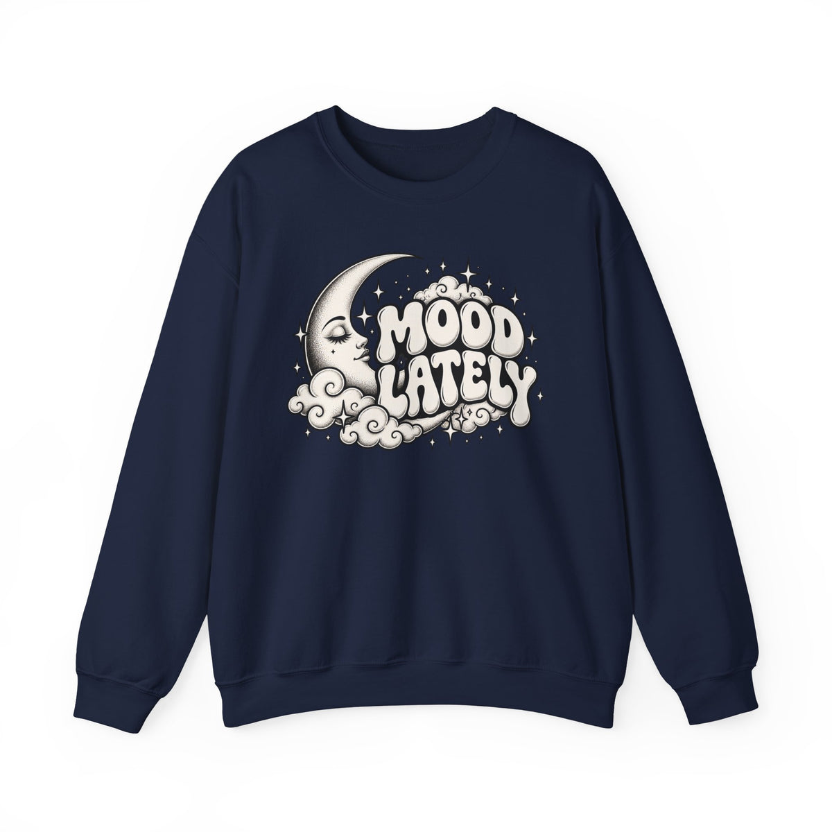 Mood Lately Crewneck Sweatshirt — Retro Moon & Cloud Graphic