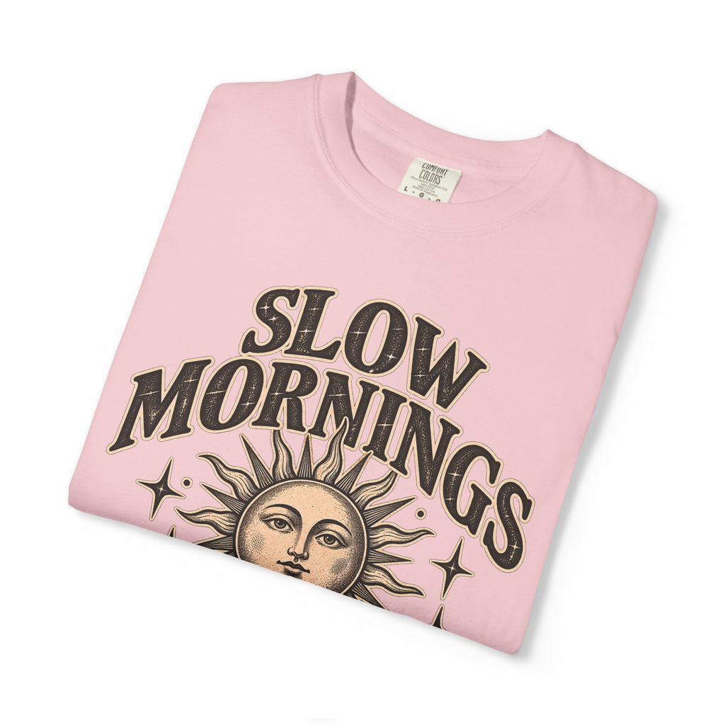 Slow Mornings Tee — Retro Sunrise Garment-Dyed Graphic T-Shirt