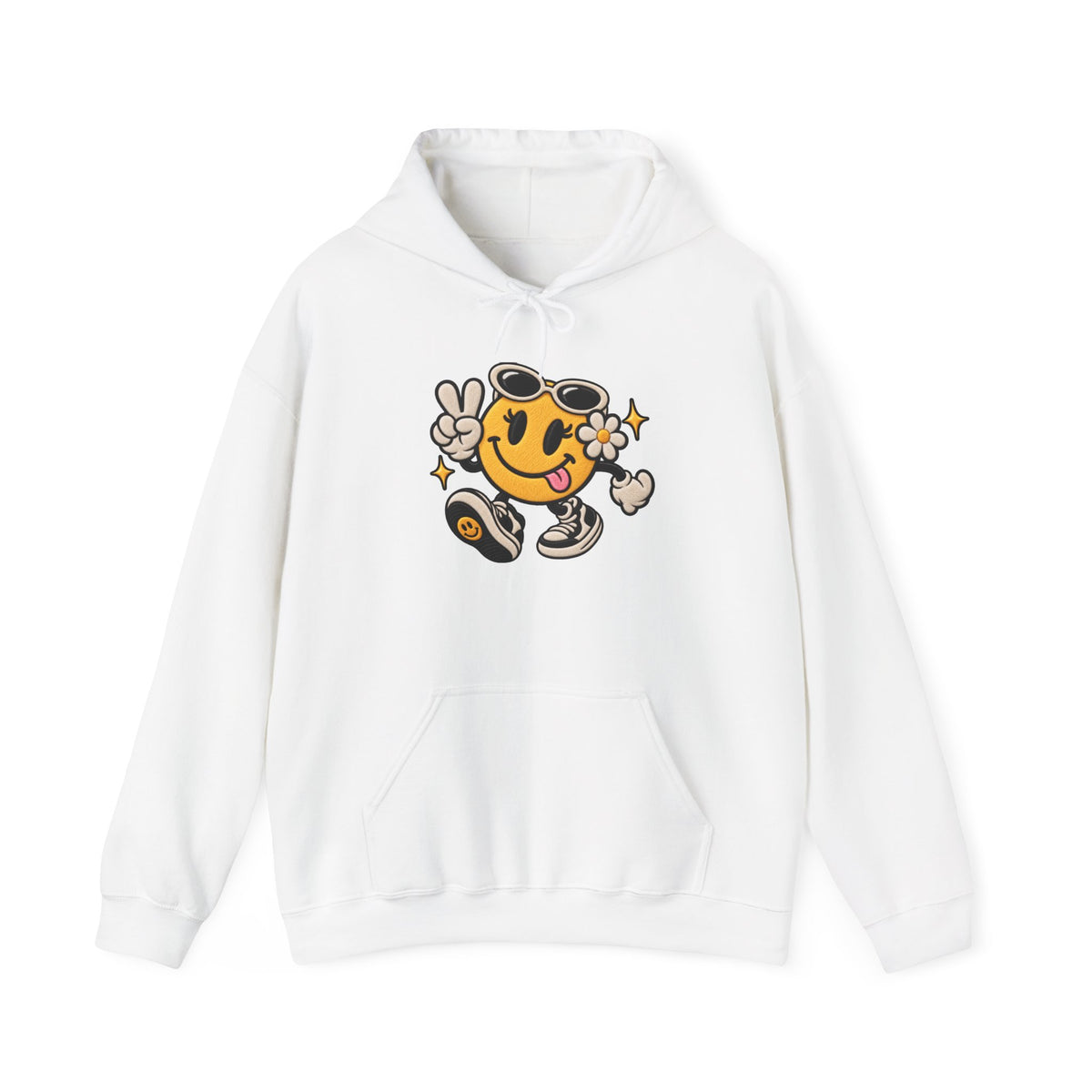 Smiley Peace Vibes Hoodie – Retro Dancing Smiley with Sunglasses