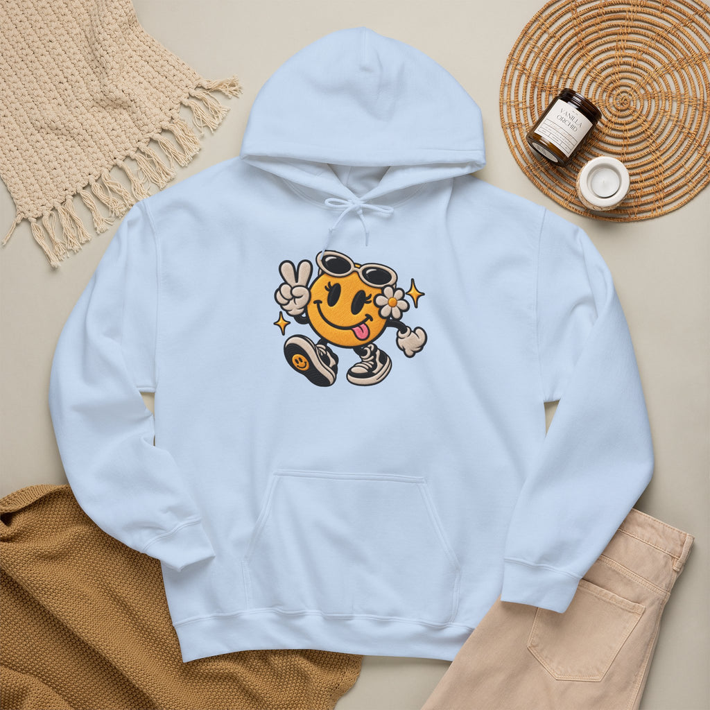 Smiley Peace Vibes Hoodie – Retro Dancing Smiley with Sunglasses