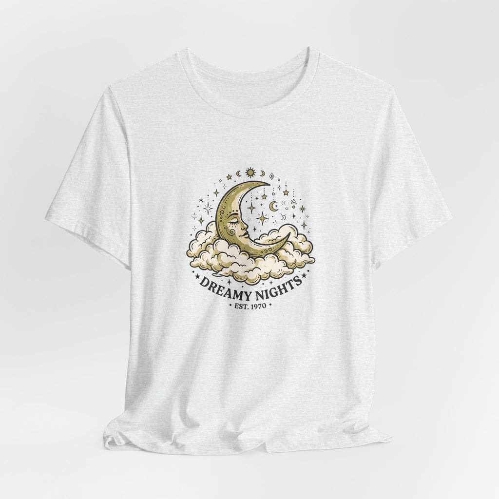 Dreamy Nights Moon Tee — Vintage Crescent Moon & Clouds Shirt