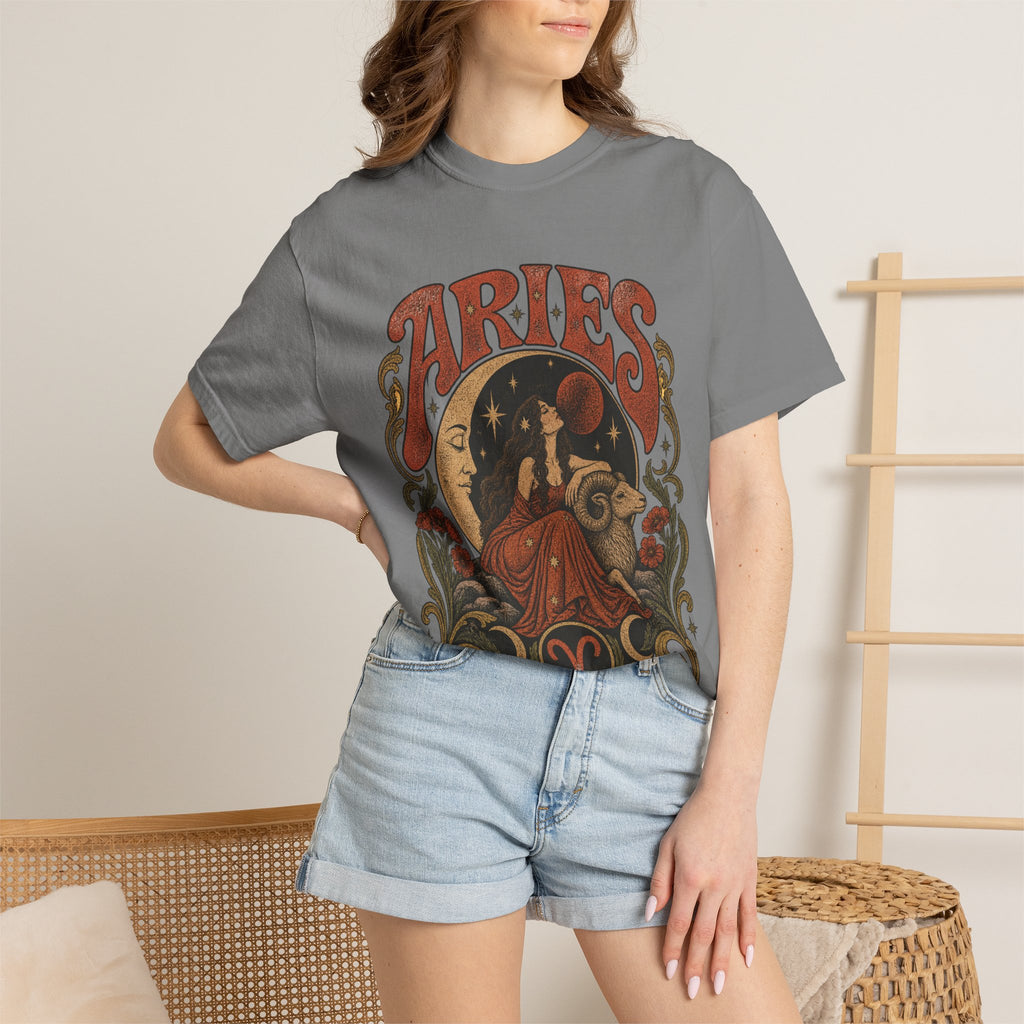Aries Zodiac T‑Shirt — Vintage Moon & Ram Astrology Tee